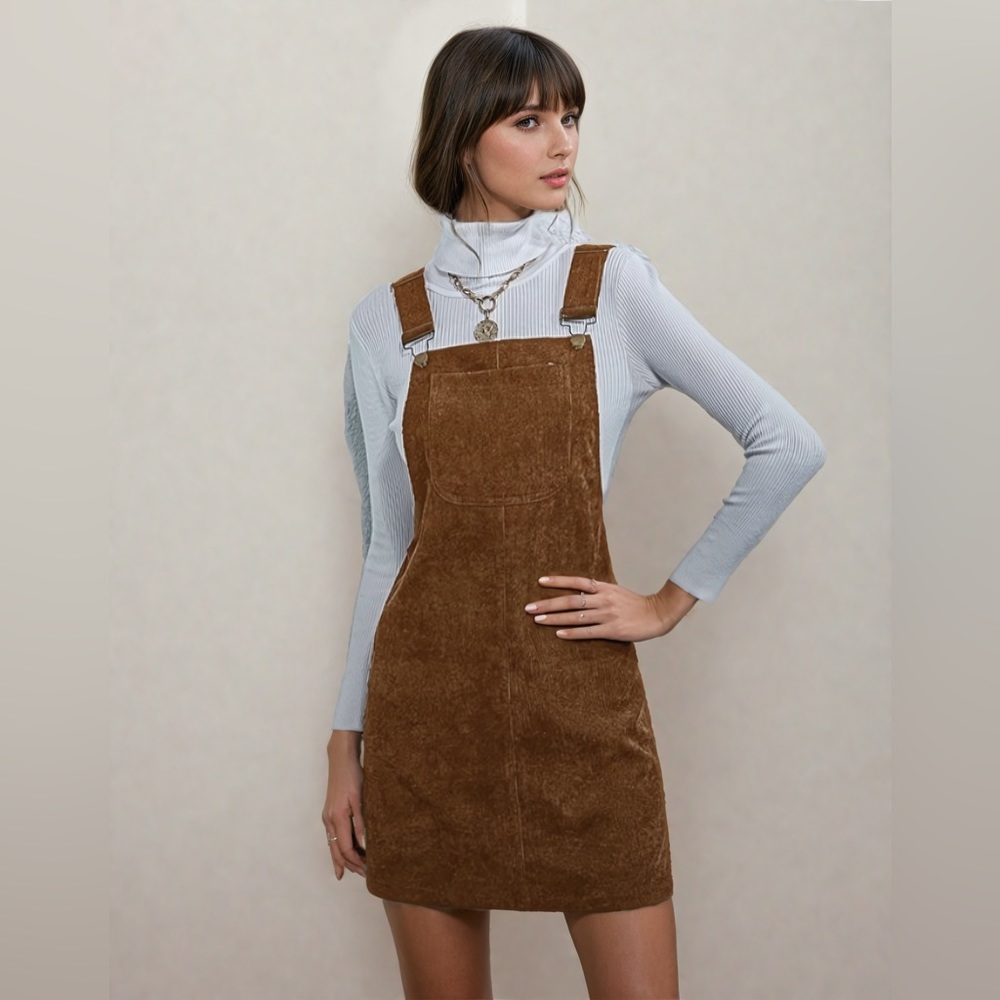 Corduroy Pocket Front Overall Dress Brown